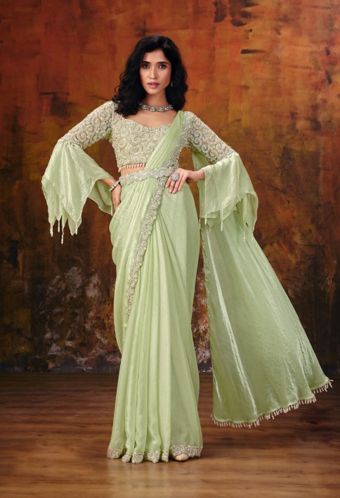 Pista Green Embroidered Wedding Party Designer Saree